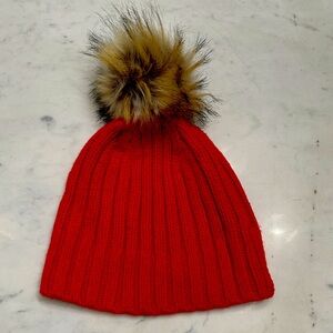 J. Crew Red Knit Beanie with Faux Fur Pom-Pom. Like new , worn once